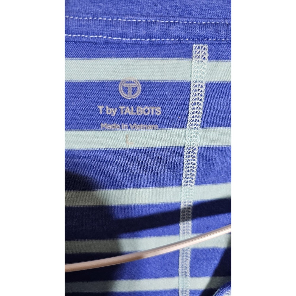 T By Talbots Top Womens Size Large Blue Striped Short Sleeve Open Neck Stretch - Picture 3 of 7